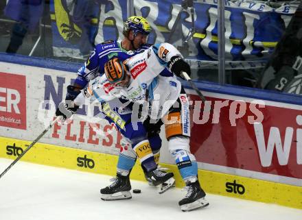 EBEL. Eishockey Bundesliga. EC VSV gegen Black Wings Linz. Philipp Lindner,  (VSV),  Shawn St-Amant   (Linz). Villach, am 27.10.2023
Foto: Kuess
www.qspictures.net
---
pressefotos, pressefotografie, kuess, qs, qspictures, sport, bild, bilder, bilddatenbank