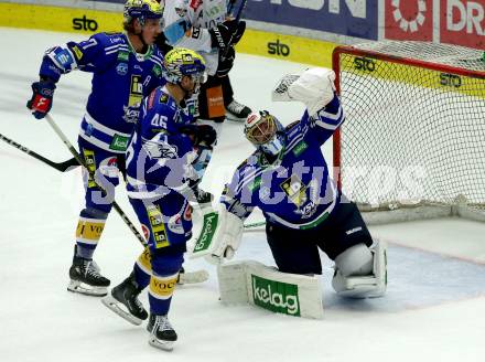 EBEL. Eishockey Bundesliga. EC VSV gegen Black Wings Linz.  Alex Wall, Jean Philippe Lamoureux (VSV),  Villach, am 27.10.2023
Foto: Kuess
www.qspictures.net
---
pressefotos, pressefotografie, kuess, qs, qspictures, sport, bild, bilder, bilddatenbank