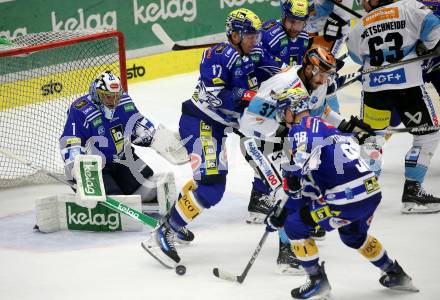 EBEL. Eishockey Bundesliga. EC VSV gegen Black Wings Linz. Jean Philippe Lamoureux, Arturs Kulda, Blaz Tomazevic,   (VSV),   Andreas Kristler (Linz). Villach, am 27.10.2023
Foto: Kuess
www.qspictures.net
---
pressefotos, pressefotografie, kuess, qs, qspictures, sport, bild, bilder, bilddatenbank