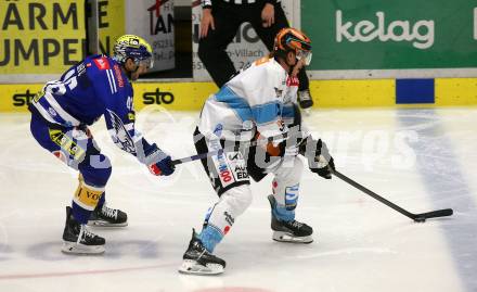 EBEL. Eishockey Bundesliga. EC VSV gegen Black Wings Linz. Alex Wall,  (VSV),   Brian Lebler  (Linz). Villach, am 27.10.2023
Foto: Kuess
www.qspictures.net
---
pressefotos, pressefotografie, kuess, qs, qspictures, sport, bild, bilder, bilddatenbank