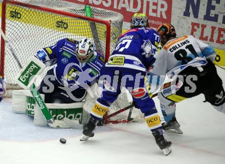 EBEL. Eishockey Bundesliga. EC VSV gegen Black Wings Linz.    Jean Philippe Lamoureux, Philipp Lindner, (VSV),  Sean Brendan Collins  (Linz). Villach, am 27.10.2023
Foto: Kuess
www.qspictures.net
---
pressefotos, pressefotografie, kuess, qs, qspictures, sport, bild, bilder, bilddatenbank