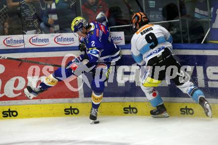 EBEL. Eishockey Bundesliga. EC VSV gegen Black Wings Linz. Dylan MacPherson,   (VSV),    Emilio Romig (Linz). Villach, am 27.10.2023
Foto: Kuess
www.qspictures.net
---
pressefotos, pressefotografie, kuess, qs, qspictures, sport, bild, bilder, bilddatenbank