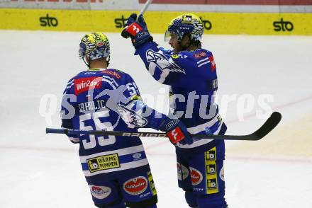 EBEL. Eishockey Bundesliga. EC VSV gegen Black Wings Linz. Torjubel Robert Sabolic, Kevin Hancock  (VSV). Villach, am 27.10.2023
Foto: Kuess
www.qspictures.net
---
pressefotos, pressefotografie, kuess, qs, qspictures, sport, bild, bilder, bilddatenbank