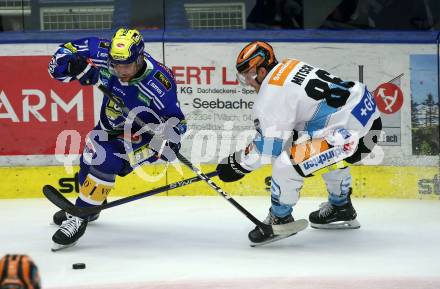 EBEL. Eishockey Bundesliga. EC VSV gegen Black Wings Linz.  Layne Viveiros, (VSV),  Jakob Mitsch   (Linz). Villach, am 27.10.2023
Foto: Kuess
www.qspictures.net
---
pressefotos, pressefotografie, kuess, qs, qspictures, sport, bild, bilder, bilddatenbank