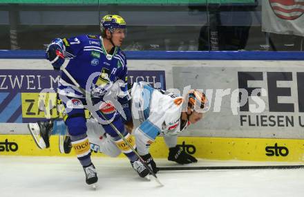 EBEL. Eishockey Bundesliga. EC VSV gegen Black Wings Linz.  Philipp Lindner, (VSV),   Brian Lebler  (Linz). Villach, am 27.10.2023
Foto: Kuess
www.qspictures.net
---
pressefotos, pressefotografie, kuess, qs, qspictures, sport, bild, bilder, bilddatenbank