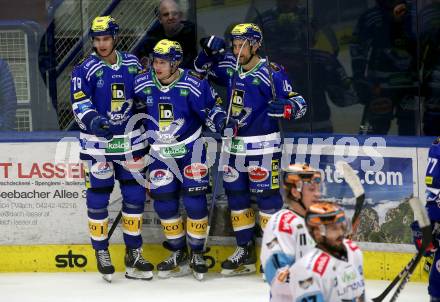 EBEL. Eishockey Bundesliga. EC VSV gegen Black Wings Linz. Torjubel Felix Maxa, Benjamin Lanzinger, Alex Wall  (VSV),  Villach, am 27.10.2023
Foto: Kuess
www.qspictures.net
---
pressefotos, pressefotografie, kuess, qs, qspictures, sport, bild, bilder, bilddatenbank