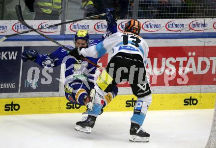 EBEL. Eishockey Bundesliga. EC VSV gegen Black Wings Linz. Florian Lanzinger, (VSV),   Gerd Kragl   (Linz). Villach, am 27.10.2023
Foto: Kuess
www.qspictures.net
---
pressefotos, pressefotografie, kuess, qs, qspictures, sport, bild, bilder, bilddatenbank