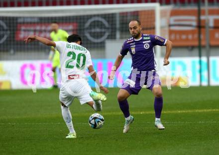 Fussball Bundesliga. SK Austria Klagenfurt gegen WSG Tirol. Rico Benatelli  (Klagenfurt),  Cem Uestuendag  (Tirol).  Klagenfurt, am 28.10.2023.
Foto: Kuess
www.qspictures.net
---
pressefotos, pressefotografie, kuess, qs, qspictures, sport, bild, bilder, bilddatenbank