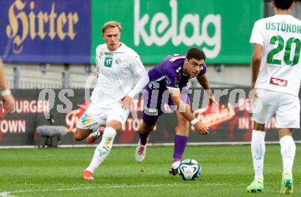 Fussball Bundesliga. SK Austria Klagenfurt gegen WSG Tirol. Nikola Djoric (Klagenfurt), Sandi Ogrinec   (Tirol).  Klagenfurt, am 28.10.2023.
Foto: Kuess
www.qspictures.net
---
pressefotos, pressefotografie, kuess, qs, qspictures, sport, bild, bilder, bilddatenbank