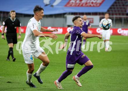 Fussball Bundesliga. SK Austria Klagenfurt gegen WSG Tirol.  Sinan Karweina (Klagenfurt),    Felix Bacher (Tirol).  Klagenfurt, am 28.10.2023.
Foto: Kuess
www.qspictures.net
---
pressefotos, pressefotografie, kuess, qs, qspictures, sport, bild, bilder, bilddatenbank