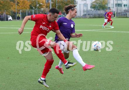 Fussball. Kaerntner Liga. Austria Klagenfurt Amat. gegen SAK.  Tristan Elias Schoppitsch  (Austria Klagenfurt),   Enes Brdjanovic (SAK). Klagenfurt, 28.10.2023.
Foto: Kuess
www.qspictures.net
---
pressefotos, pressefotografie, kuess, qs, qspictures, sport, bild, bilder, bilddatenbank