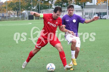 Fussball Kaerntner Liga. SK Austria Klagenfurt gegen SAK. Alexander Helmut Egon Emmerich Killar (Austria Klagenfurt), Roman Sadnek (SAK). Klagenfurt, am 28.10.2023.
Foto: Kuess
---
pressefotos, pressefotografie, kuess, qs, qspictures, sport, bild, bilder, bilddatenbank