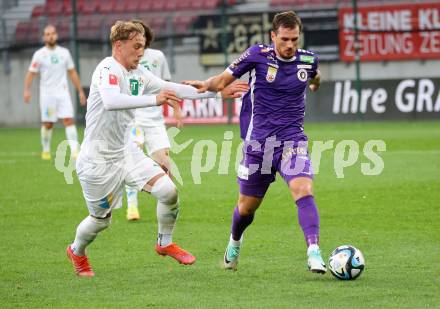 Fussball Bundesliga. SK Austria Klagenfurt gegen WSG Tirol.  Turgay Philipp Gemicibasi (Klagenfurt), Sandi Ogrinec   (Tirol).  Klagenfurt, am 28.10.2023.
Foto: Kuess
www.qspictures.net
---
pressefotos, pressefotografie, kuess, qs, qspictures, sport, bild, bilder, bilddatenbank