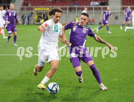 Fussball Bundesliga. SK Austria Klagenfurt gegen WSG Tirol.  Sinan Karweina (Klagenfurt),    Matthaeus Taferner (Tirol).  Klagenfurt, am 28.10.2023.
Foto: Kuess
www.qspictures.net
---
pressefotos, pressefotografie, kuess, qs, qspictures, sport, bild, bilder, bilddatenbank