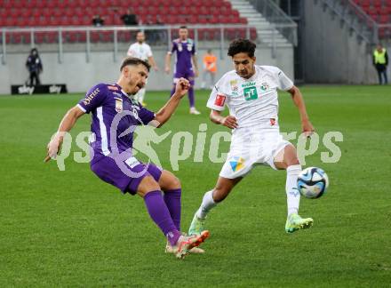 Fussball Bundesliga. SK Austria Klagenfurt gegen WSG Tirol. Christopher Wernitznig  (Klagenfurt),  Cem Uestuendag  (Tirol).  Klagenfurt, am 28.10.2023.
Foto: Kuess
www.qspictures.net
---
pressefotos, pressefotografie, kuess, qs, qspictures, sport, bild, bilder, bilddatenbank