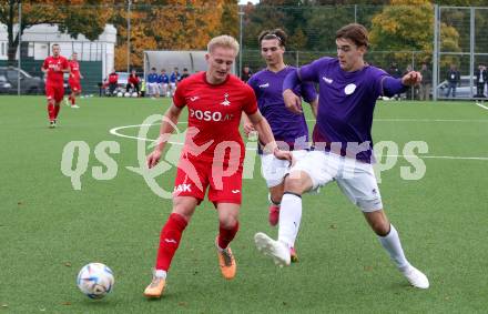 Fussball. Kaerntner Liga. Austria Klagenfurt Amat. gegen SAK.  Marius Leo Maierhofer  (Austria Klagenfurt),  
Toni Dullnig  (SAK). Klagenfurt, 28.10.2023.
Foto: Kuess
www.qspictures.net
---
pressefotos, pressefotografie, kuess, qs, qspictures, sport, bild, bilder, bilddatenbank