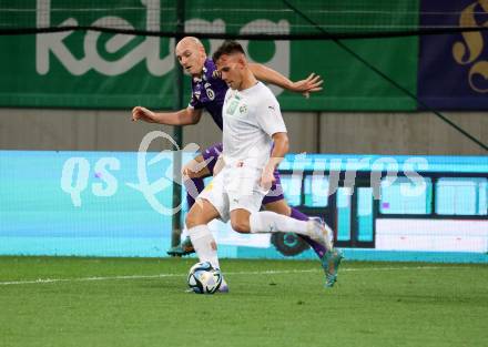 Fussball Bundesliga. SK Austria Klagenfurt gegen WSG Tirol.   Nicolas Wimmer (Klagenfurt),  Nik Prelec  (Tirol).  Klagenfurt, am 28.10.2023.
Foto: Kuess
www.qspictures.net
---
pressefotos, pressefotografie, kuess, qs, qspictures, sport, bild, bilder, bilddatenbank