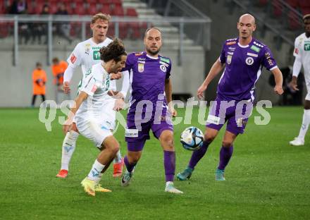 Fussball Bundesliga. SK Austria Klagenfurt gegen WSG Tirol.  Rico Benatelli, Nicolas Wimmer (Klagenfurt),   Matthaeus Taferner (Tirol).  Klagenfurt, am 28.10.2023.
Foto: Kuess
www.qspictures.net
---
pressefotos, pressefotografie, kuess, qs, qspictures, sport, bild, bilder, bilddatenbank