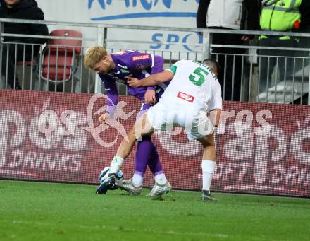 Fussball Bundesliga. SK Austria Klagenfurt gegen WSG Tirol.  Jonas Arweiler (Klagenfurt),  Felix Bacher   (Tirol).  Klagenfurt, am 28.10.2023.
Foto: Kuess
www.qspictures.net
---
pressefotos, pressefotografie, kuess, qs, qspictures, sport, bild, bilder, bilddatenbank