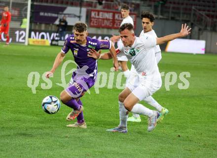 Fussball Bundesliga. SK Austria Klagenfurt gegen WSG Tirol.  
Christopher Wernitznig (Klagenfurt),   Nik Prelec (Tirol).  Klagenfurt, am 28.10.2023.
Foto: Kuess
www.qspictures.net
---
pressefotos, pressefotografie, kuess, qs, qspictures, sport, bild, bilder, bilddatenbank