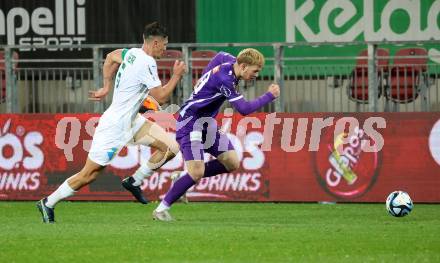 Fussball Bundesliga. SK Austria Klagenfurt gegen WSG Tirol.  Jonas Arweiler, (Klagenfurt).  Felix Bacher   (Tirol).  Klagenfurt, am 28.10.2023.
Foto: Kuess
www.qspictures.net
---
pressefotos, pressefotografie, kuess, qs, qspictures, sport, bild, bilder, bilddatenbank