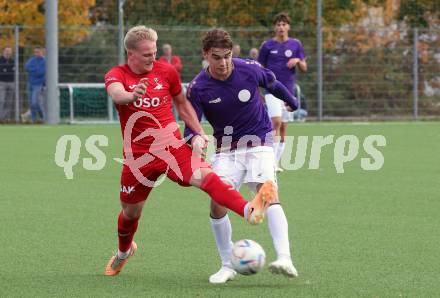 Fussball Kaerntner Liga. SK Austria Klagenfurt gegen SAK. Marius Leo Maierhofer  (Austria Klagenfurt), Toni Dullnig  (SAK). Klagenfurt, am 28.10.2023.
Foto: Kuess
---
pressefotos, pressefotografie, kuess, qs, qspictures, sport, bild, bilder, bilddatenbank