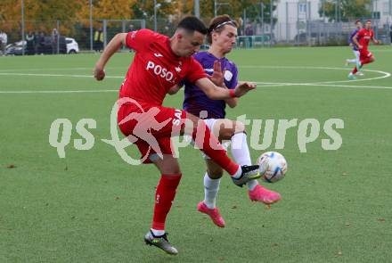 Fussball Kaerntner Liga. SK Austria Klagenfurt gegen SAK.  Tristan Schoppitsch, (Austria Klagenfurt),  Enes Brdjanovic  (SAK). Klagenfurt, am 28.10.2023.
Foto: Kuess
---
pressefotos, pressefotografie, kuess, qs, qspictures, sport, bild, bilder, bilddatenbank