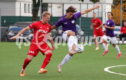 Fussball Kaerntner Liga. SK Austria Klagenfurt gegen SAK. Fabio Markelic,   (Austria Klagenfurt),  Toni Dullnig (SAK). Klagenfurt, am 28.10.2023.
Foto: Kuess
---
pressefotos, pressefotografie, kuess, qs, qspictures, sport, bild, bilder, bilddatenbank