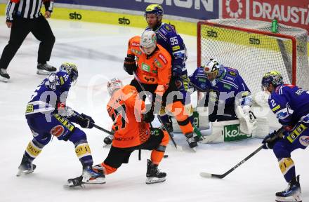 EBEL. Eishockey Bundesliga. EC VSV gegen Moser Medical Graz99ers.  Kevin Hancock, Mark Katic, Jean Philippe Lamoureux, Dylan Macpherson,  (VSV), Jacob Engelhart, Sam Antonitsch  (Graz). Villach, am 3.11.2023
Foto: Kuess
www.qspictures.net
---
pressefotos, pressefotografie, kuess, qs, qspictures, sport, bild, bilder, bilddatenbank