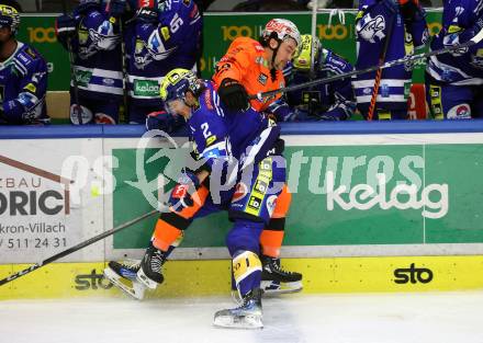 EBEL. Eishockey Bundesliga. EC VSV gegen Moser Medical Graz99ers. Dylan MacPherson,   (VSV),  Anthony Salinitri (Graz). Villach, am 3.11.2023
Foto: Kuess
www.qspictures.net
---
pressefotos, pressefotografie, kuess, qs, qspictures, sport, bild, bilder, bilddatenbank