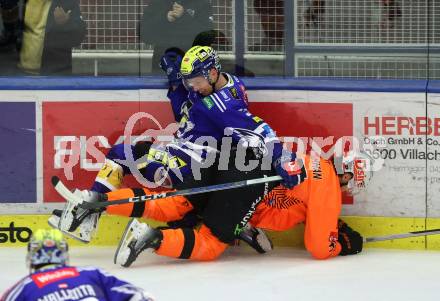 EBEL. Eishockey Bundesliga. EC VSV gegen Moser Medical Graz99ers.  Blaz Tomazevic,  (VSV),   Gustav Bouramman (Graz). Villach, am 3.11.2023
Foto: Kuess
www.qspictures.net
---
pressefotos, pressefotografie, kuess, qs, qspictures, sport, bild, bilder, bilddatenbank