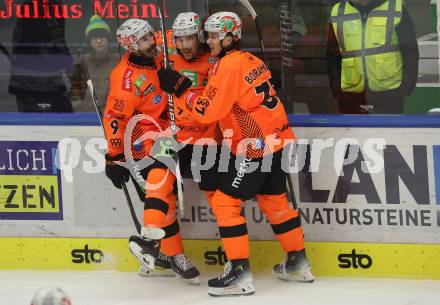 EBEL. Eishockey Bundesliga. EC VSV gegen Moser Medical Graz99ers. Torjubel Taylor Matson, Anthony Salinitri, Gustav Bouramman (Graz). Villach, am 3.11.2023
Foto: Kuess
www.qspictures.net
---
pressefotos, pressefotografie, kuess, qs, qspictures, sport, bild, bilder, bilddatenbank