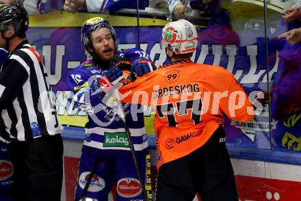 EBEL. Eishockey Bundesliga. EC VSV gegen Moser Medical Graz99ers. Kevin Hancock,   (VSV),   Ludvig Jardeskog (Graz). Villach, am 3.11.2023
Foto: Kuess
www.qspictures.net
---
pressefotos, pressefotografie, kuess, qs, qspictures, sport, bild, bilder, bilddatenbank