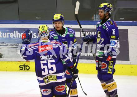 EBEL. Eishockey Bundesliga. EC VSV gegen Moser Medical Graz99ers.  Torjubel John Hughes, Kevin Hancock, Robert Sabolic (VSV). Villach, am 3.11.2023
Foto: Kuess
www.qspictures.net
---
pressefotos, pressefotografie, kuess, qs, qspictures, sport, bild, bilder, bilddatenbank