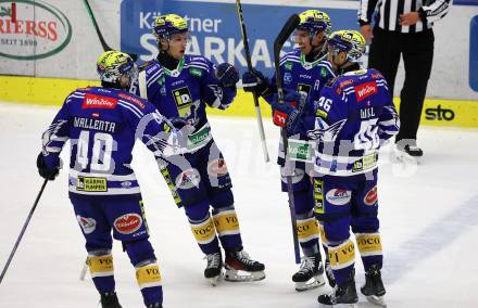 EBEL. Eishockey Bundesliga. EC VSV gegen Moser Medical Graz99ers.  Torjubel Elias Jeronimo Wallenta, Florian Lanzinger, Philipp Lindner, Alex Wall (VSV). Villach, am 3.11.2023
Foto: Kuess
www.qspictures.net
---
pressefotos, pressefotografie, kuess, qs, qspictures, sport, bild, bilder, bilddatenbank