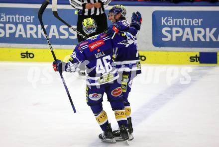 EBEL. Eishockey Bundesliga. EC VSV gegen Moser Medical Graz99ers.  Torjubel Philipp Lindner, Alex Wall (VSV). Villach, am 3.11.2023
Foto: Kuess
www.qspictures.net
---
pressefotos, pressefotografie, kuess, qs, qspictures, sport, bild, bilder, bilddatenbank