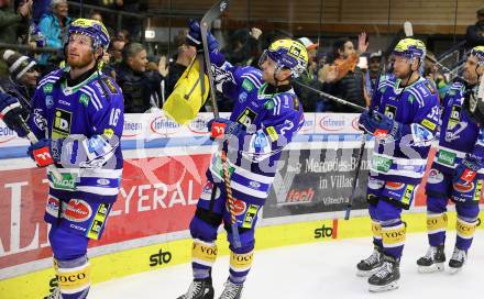 EBEL. Eishockey Bundesliga. EC VSV gegen Moser Medical Graz99ers. Jubel Kevin Hancock, John Hughes, Robert Sabolic  (VSV). Villach, am 3.11.2023
Foto: Kuess
www.qspictures.net
---
pressefotos, pressefotografie, kuess, qs, qspictures, sport, bild, bilder, bilddatenbank