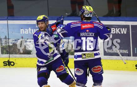 EBEL. Eishockey Bundesliga. EC VSV gegen Moser Medical Graz99ers.  Torjubel John Hughes, Kevin Hancock (VSV). Villach, am 3.11.2023
Foto: Kuess
www.qspictures.net
---
pressefotos, pressefotografie, kuess, qs, qspictures, sport, bild, bilder, bilddatenbank