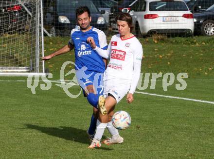 Fussball Unterliga Ost. Maria Saal gegen Annabichler SV.  Jakob Janos Juvan,    (Maria Saal),    Christopher Kraxner (ASV). Maria Saal, am 4.11.2023.
Foto: Kuess
www.qspictures.net
---
pressefotos, pressefotografie, kuess, qs, qspictures, sport, bild, bilder, bilddatenbank