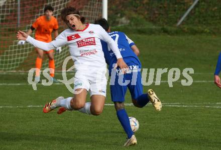 Fussball Unterliga Ost. Maria Saal gegen Annabichler SV.  Jakob Janos Juvan,    (Maria Saal),    Christopher Kraxner (ASV). Maria Saal, am 4.11.2023.
Foto: Kuess
www.qspictures.net
---
pressefotos, pressefotografie, kuess, qs, qspictures, sport, bild, bilder, bilddatenbank