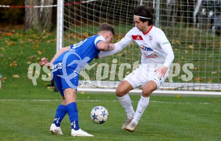 Fussball Unterliga Ost. Maria Saal gegen Annabichler SV.    Jakov Mrsic, (Maria Saal),   Fabian Johann Temmel (ASV). Maria Saal, am 4.11.2023.
Foto: Kuess
www.qspictures.net
---
pressefotos, pressefotografie, kuess, qs, qspictures, sport, bild, bilder, bilddatenbank