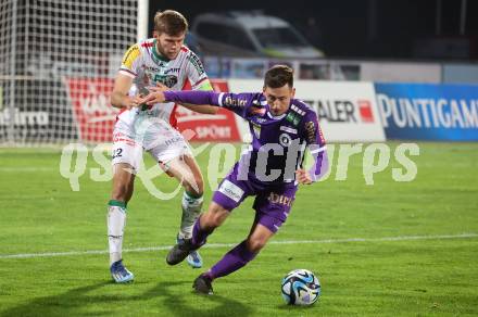 Fussball Bundesliga. WAC gegen SK Austria Klagenfurt.  Dominik Baumgartner,   (WAC),    Till Schumacher (Klagenfurt).  Wolfsberg, am 4.11.2023.
Foto: Kuess
www.qspictures.net
---
pressefotos, pressefotografie, kuess, qs, qspictures, sport, bild, bilder, bilddatenbank