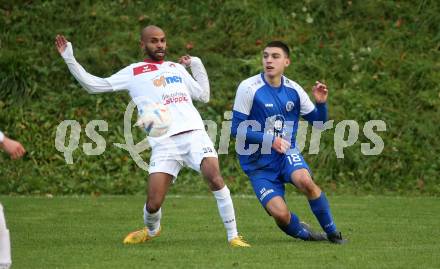 Fussball Unterliga Ost. Maria Saal gegen Annabichler SV.  Tyrone Marcel Mc Cargo,   (Maria Saal),  Luca Koschu  (ASV). Maria Saal, am 4.11.2023.
Foto: Kuess
www.qspictures.net
---
pressefotos, pressefotografie, kuess, qs, qspictures, sport, bild, bilder, bilddatenbank