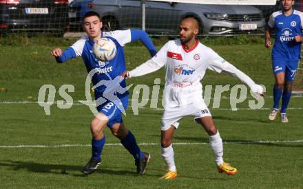 Fussball Unterliga Ost. Maria Saal gegen Annabichler SV.   Tyrone Marcel Mc Cargo,  (Maria Saal),  Luca Koschu  (ASV). Maria Saal, am 4.11.2023.
Foto: Kuess
www.qspictures.net
---
pressefotos, pressefotografie, kuess, qs, qspictures, sport, bild, bilder, bilddatenbank