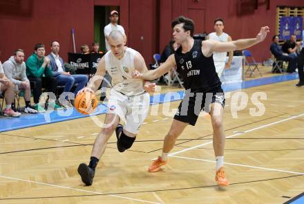 Basketball 2. Liga 2023/2024. Grunddurchgang 6. Runde.  KOS Celovec gegen Woerthersee Piraten.. Anton Marusic  (KOS),   Alexander Pirker (Piraten). Klagenfurt, am 11.11.2023.
Foto: Kuess
www.qspictures.net
---
pressefotos, pressefotografie, kuess, qs, qspictures, sport, bild, bilder, bilddatenbank