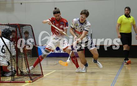 Floorball Bundesliga. KAC gegen VSV.   Fabian Hirm (KAC),   Jakob Rainer (VSV). Klagenfurt, 25.11.2023.
Foto: Kuess
www.qspictures.net
---
pressefotos, pressefotografie, kuess, qs, qspictures, sport, bild, bilder, bilddatenbank