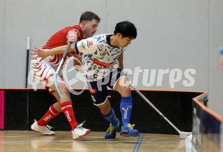 Floorball Bundesliga. KAC gegen VSV.  Tobias Grabner  (KAC),  Shin Kato  (VSV). Klagenfurt, 25.11.2023.
Foto: Kuess
www.qspictures.net
---
pressefotos, pressefotografie, kuess, qs, qspictures, sport, bild, bilder, bilddatenbank