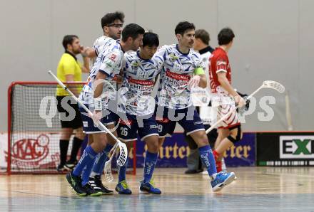 Floorball Bundesliga. KAC gegen VSV.  Torjubel Timo Schmid, Shin Kato, Robert Rauter  (VSV). Klagenfurt, 25.11.2023.
Foto: Kuess
www.qspictures.net
---
pressefotos, pressefotografie, kuess, qs, qspictures, sport, bild, bilder, bilddatenbank