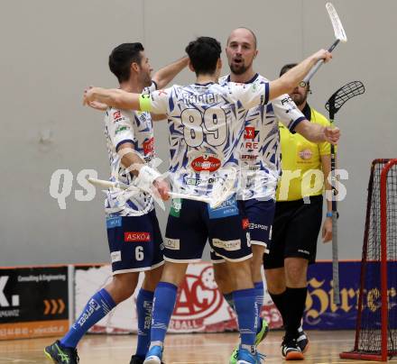 Floorball Bundesliga. KAC gegen VSV.   Torjubel Robert Rauter, Timo Schmid, Jan Slama  (VSV). Klagenfurt, 25.11.2023.
Foto: Kuess
www.qspictures.net
---
pressefotos, pressefotografie, kuess, qs, qspictures, sport, bild, bilder, bilddatenbank