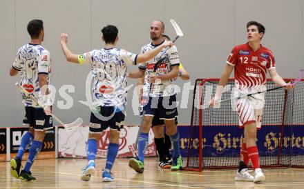 Floorball Bundesliga. KAC gegen VSV.  Torjubel Timo Schmid, Robert Rauter, Jan Slama (VSV). Klagenfurt, 25.11.2023.
Foto: Kuess
www.qspictures.net
---
pressefotos, pressefotografie, kuess, qs, qspictures, sport, bild, bilder, bilddatenbank